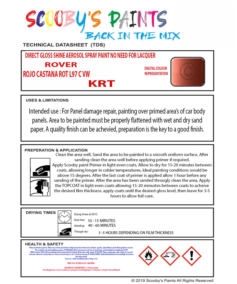Mixed Paint For Rover 45/400 Series, Rojo Castana Rot L97 C Vw, Code ...