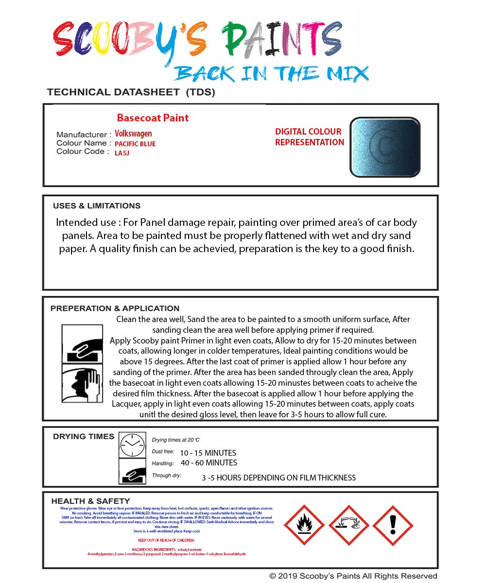 Paint Mixed Volkswagen Touran Pacific Blue La5J Basecoat Car Spray Pai
