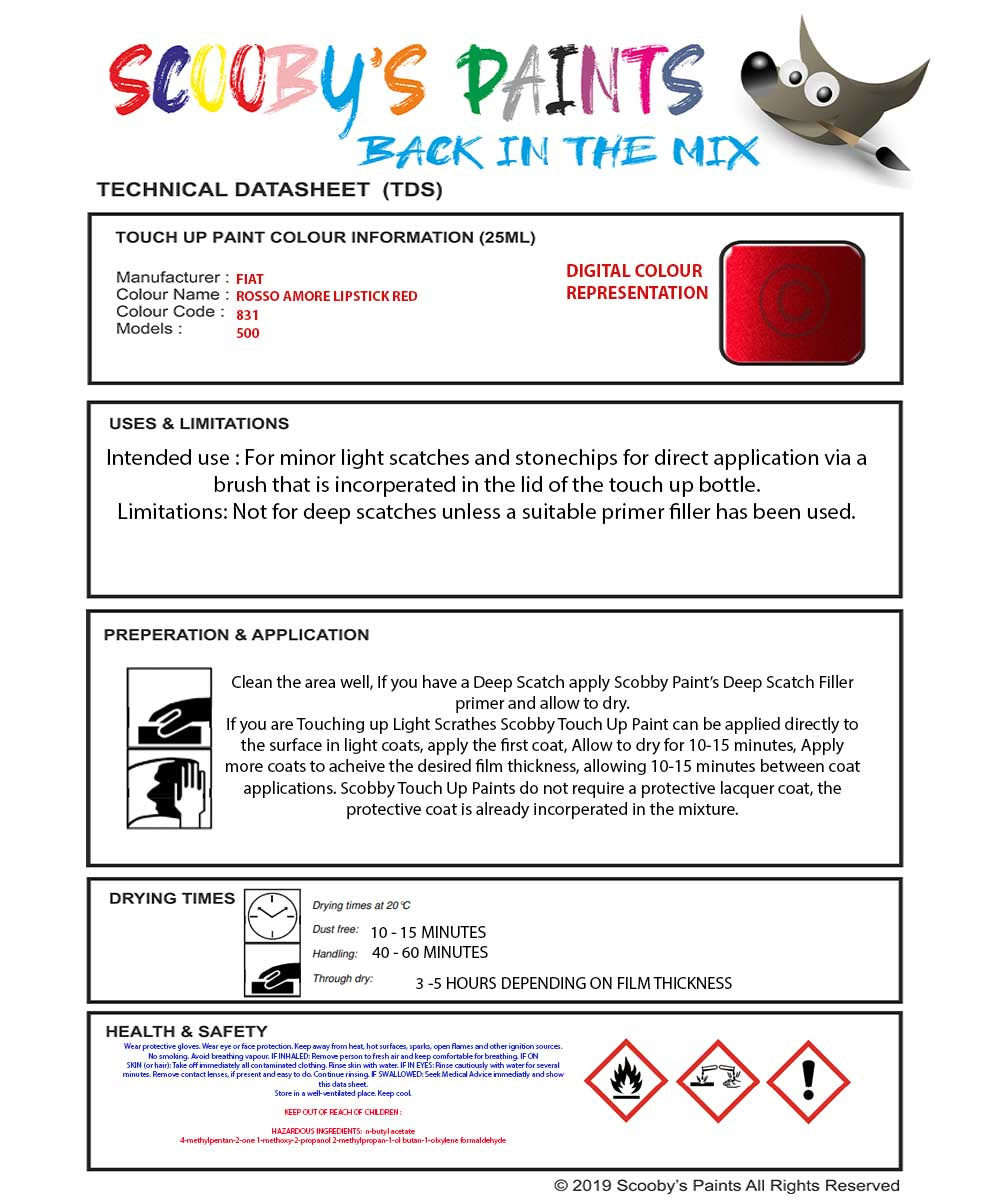 Paint For Fiat/Lancia 500 Rosso Amore/Lipstick Red Code 831/C Car Touc ...