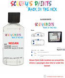 Nissan Cube Alaskan White colour code location sticker 9257 531 Touch Up Paint