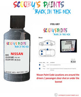 Nissan Pathfinder Steel Grey colour code location sticker K50 Touch Up Paint