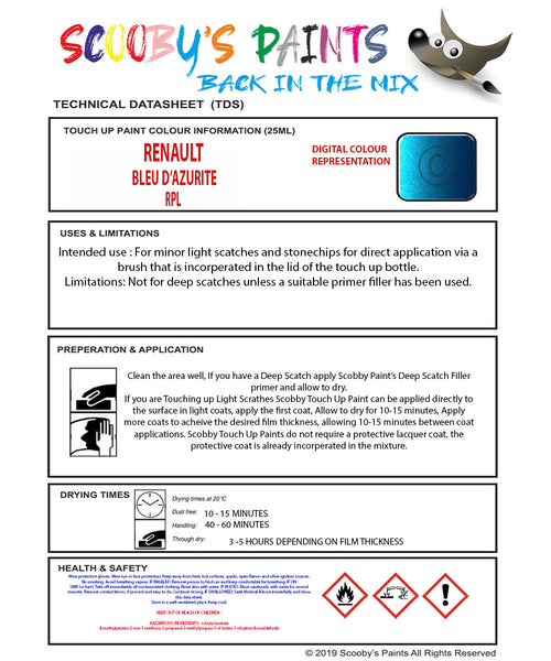 Paint For RENAULT Sandero BLEU D'AZURITE Blue RPL Touch Up Scratch Sto ...